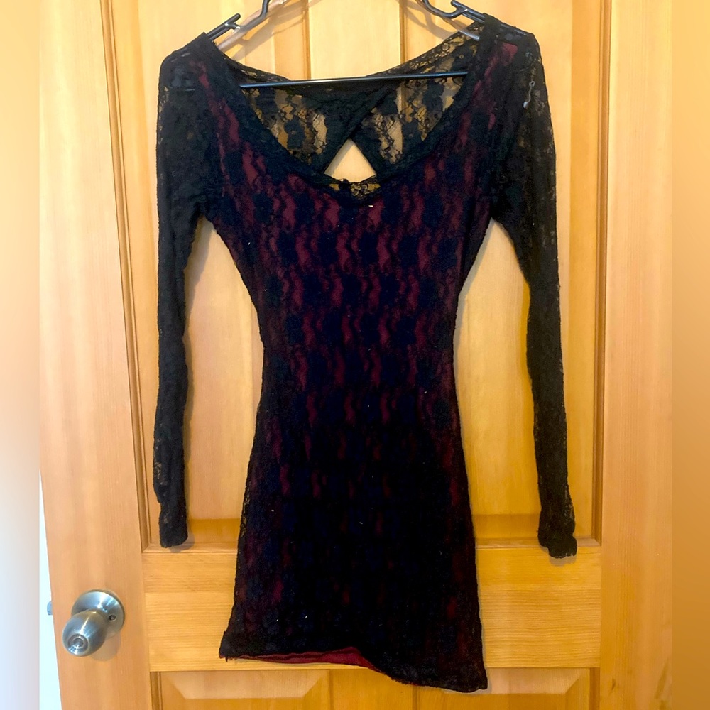 Black Lace Dress with Merlot attached Slip